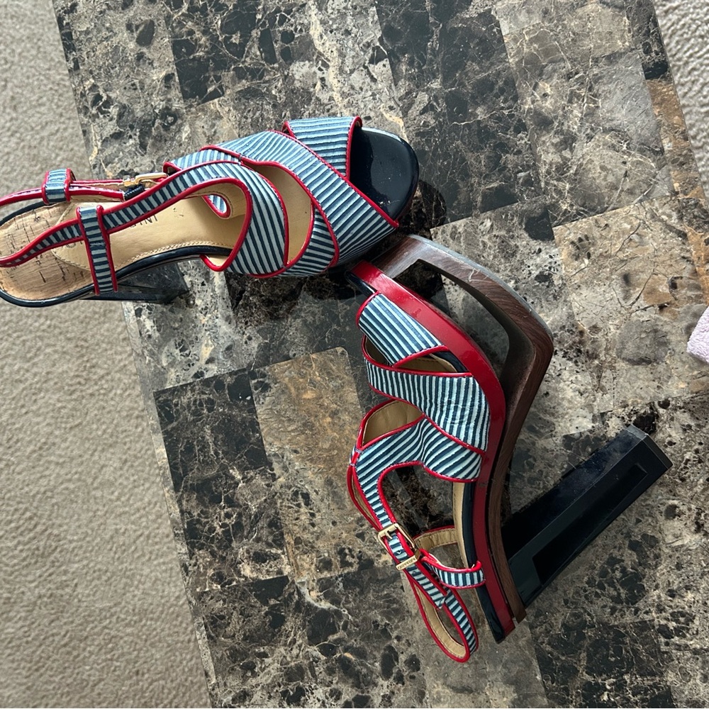 Vibrant Red and Blue Geometric Heels
